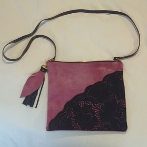 Suede Leather Pink and Black Lace Crossbody Bag